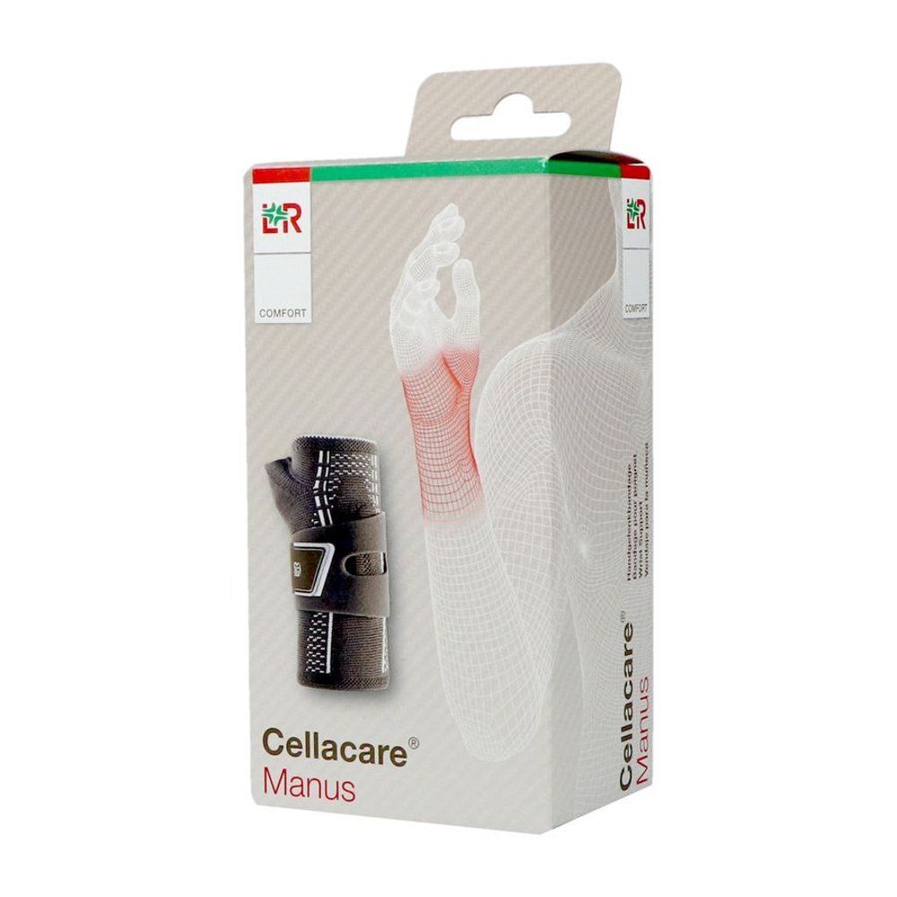 Verpakking met polsbrace. Cellacare Manus. Handillustratie. Comfort-logo.