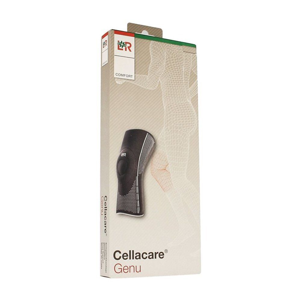 Verpakking met kniebrace. Productnaam Cellacare Genu. Illustratie van een menselijke knie.