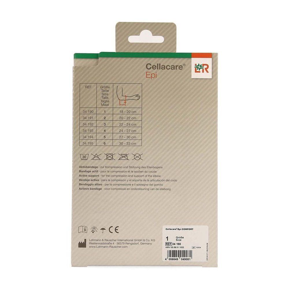 Achterkant van de Cellacare Epi verpakking. Maatinformatie, productinfo en logo's. Maat 1.