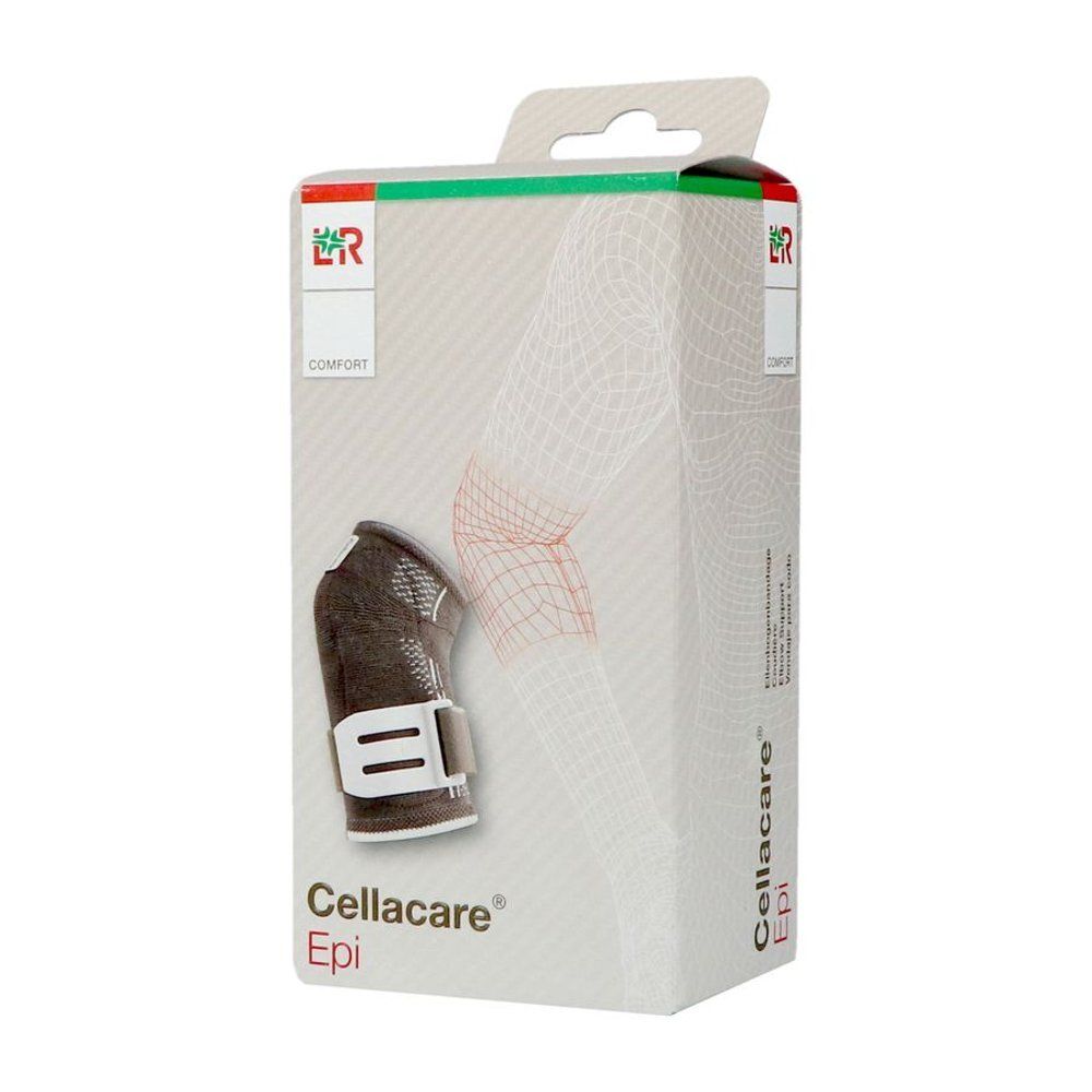Coudière Cellacare Epi Comfort dans son emballage. Boîte avec illustration du produit. Attelle noire avec fermeture blanche.