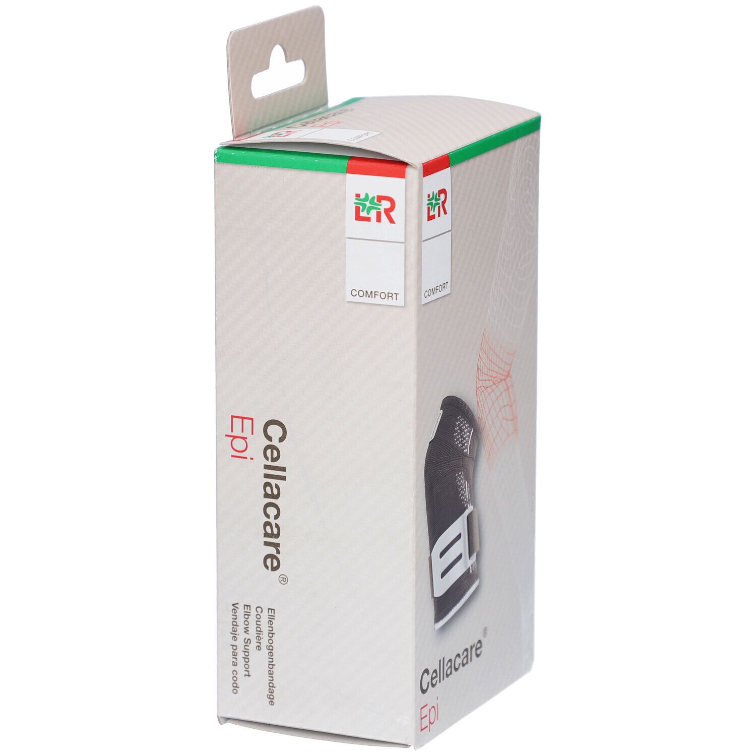 Cellacare Epi Comfort elleboogbrace in verpakking. Zijaanzicht. Opschrift: Cellacare Epi, elleboogbrace, Comfort.