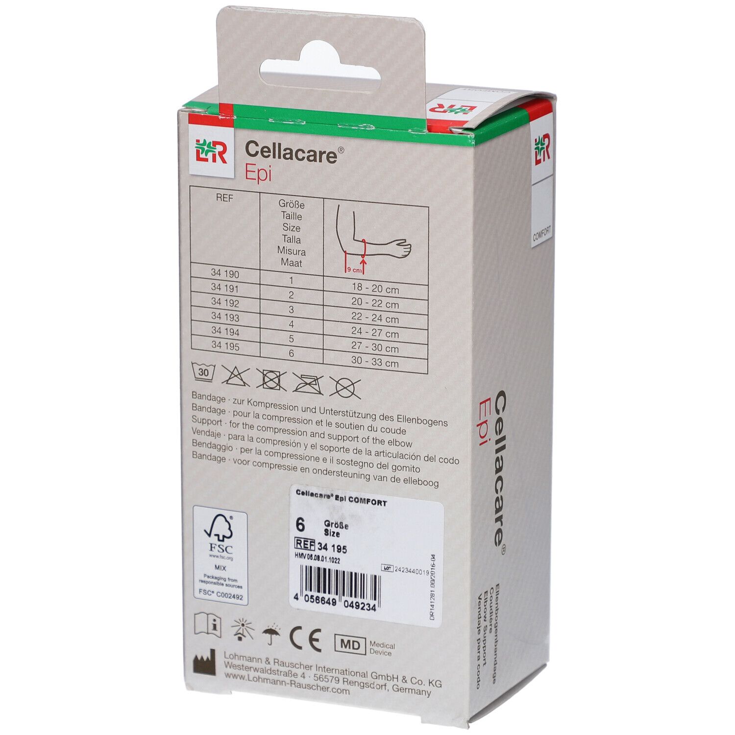 Verpakking Cellacare Epi Comfort. Achterkant met maattabel en productinformatie. Maat 6, 30-33 cm.