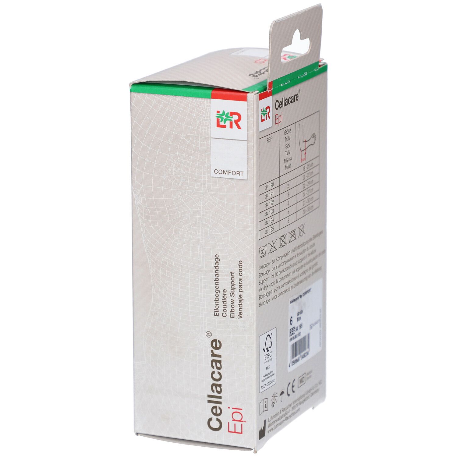 Cellacare Epi Comfort verpakking. Zijaanzicht met maattabel. Opschrift: Cellacare Epi, elleboogbrace, Comfort.