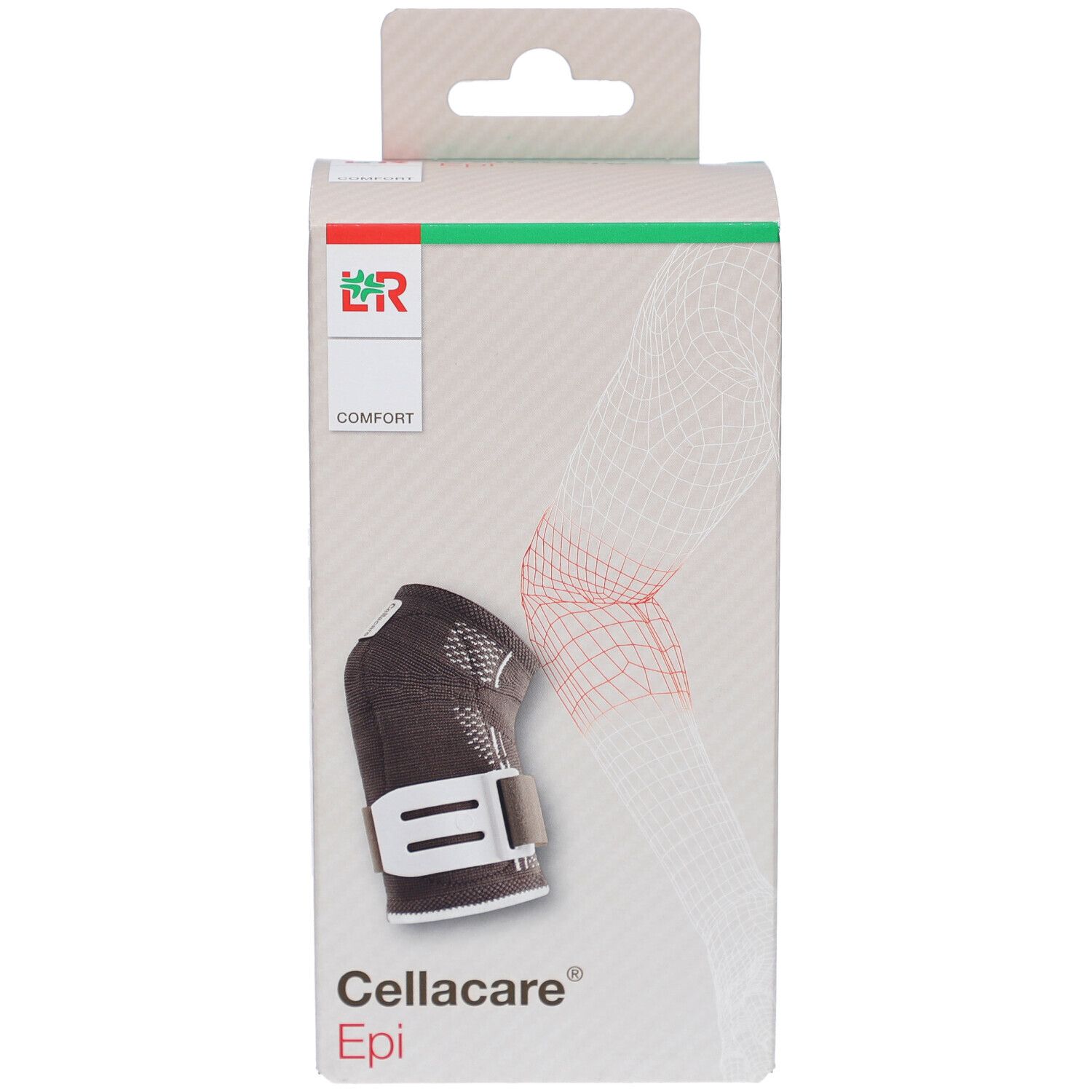 Cellacare Epi Comfort elleboogbrace in verpakking. Zwarte brace met witte sluiting. Opschrift: Cellacare Epi.