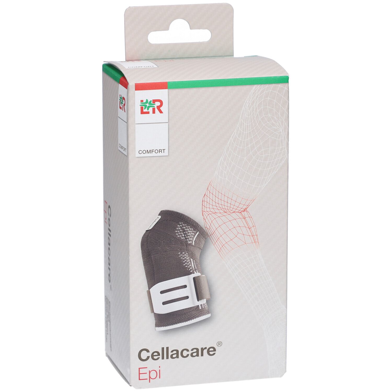 Cellacare Epi Comfort elleboogbrace in verpakking. Zwarte brace met witte sluiting. Opschrift: Cellacare Epi.