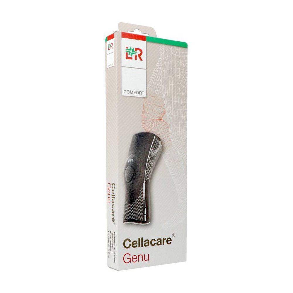 Cellacare Genu kniebrace in verpakking. Zwart met grijs gaaspatroon. Comfort label. Fabrikantlogo.