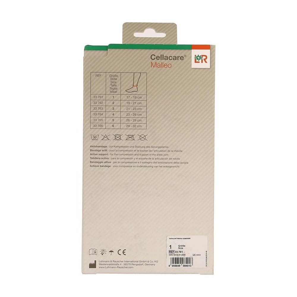 Achterkant van de Cellacare Malleo Comfort verpakking. Maatinformatie en wassymbolen.