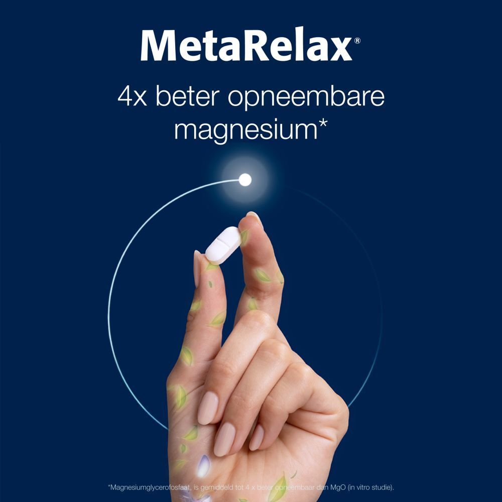 MetaRelax-verpakking. Blauwe doos met 40 zakjes. Bevat magnesium, folaat, vitamine D & B-vitaminen.