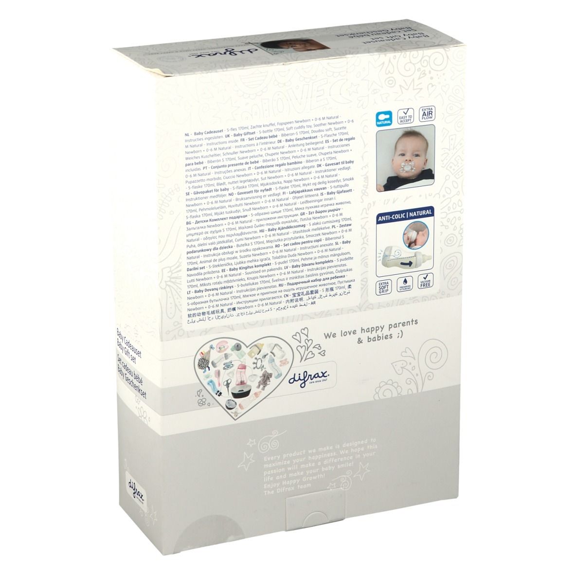 Achterkant van de geschenkverpakking. Tekst en illustraties. Merk difrax®.