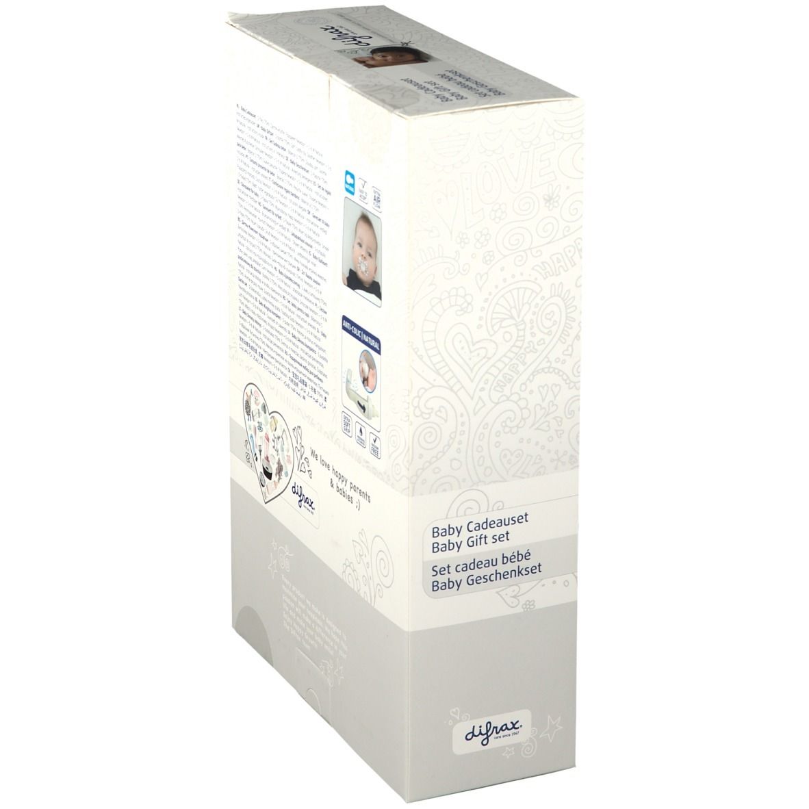 Zijaanzicht van de geschenkverpakking. Tekst en logo. Merk difrax®.