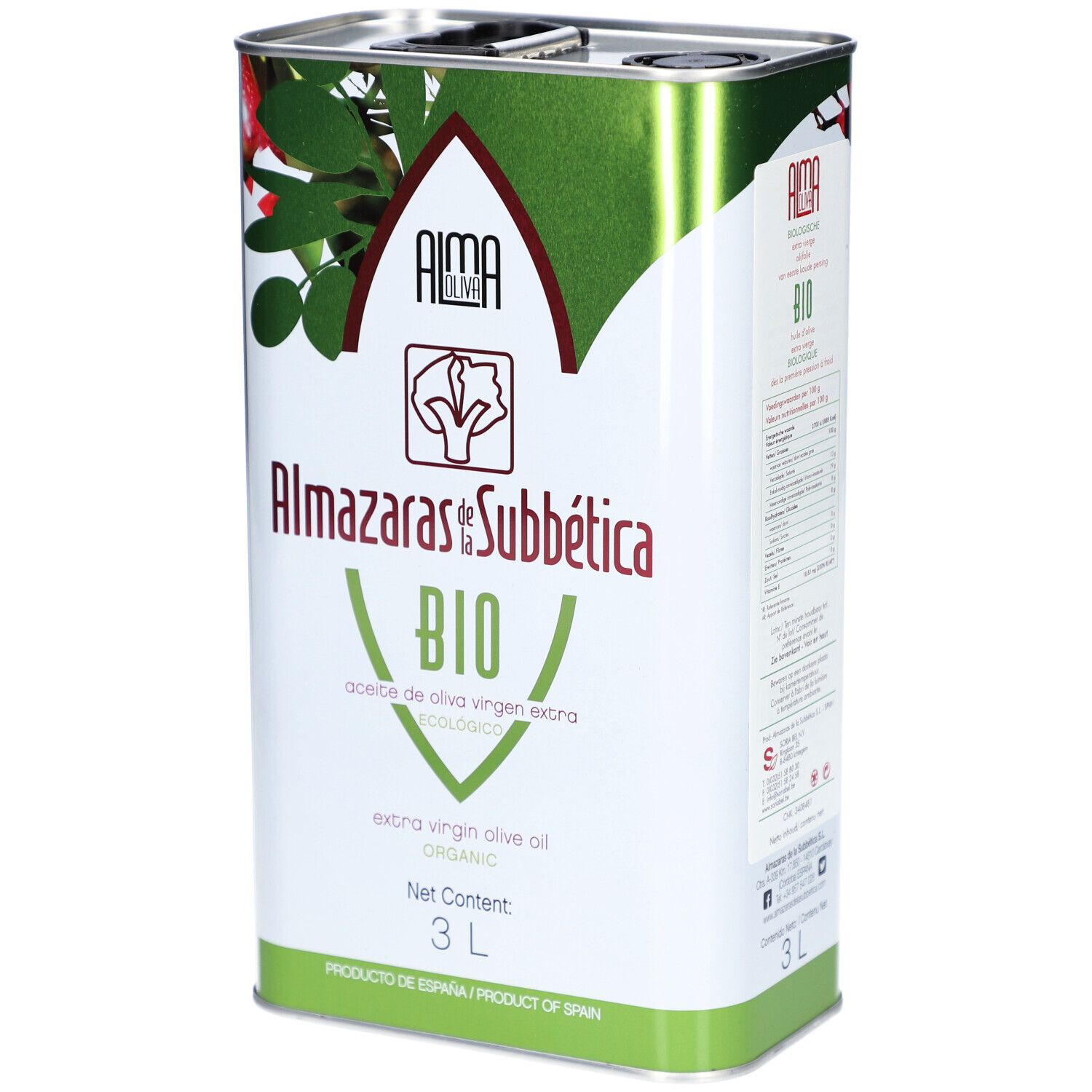 Rechthoekige metalen kan. Opschrift: Almaoliva Bio, Almazaras de la Subbética, 3L. Groen en rood design.
