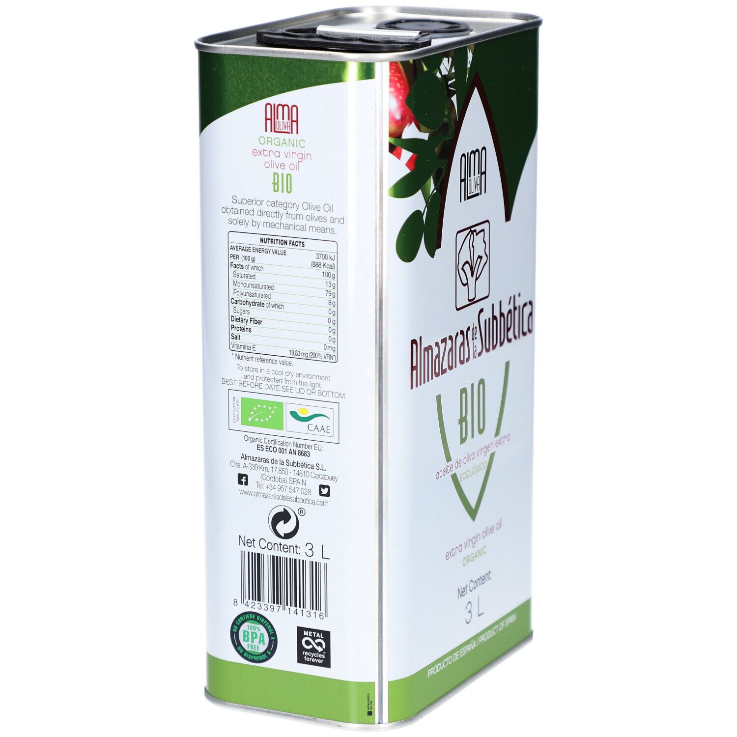 Rechthoekige metalen kan. Zijaanzicht met voedingswaarde en bio-label. Opschrift: Almaoliva Bio, 3L.
