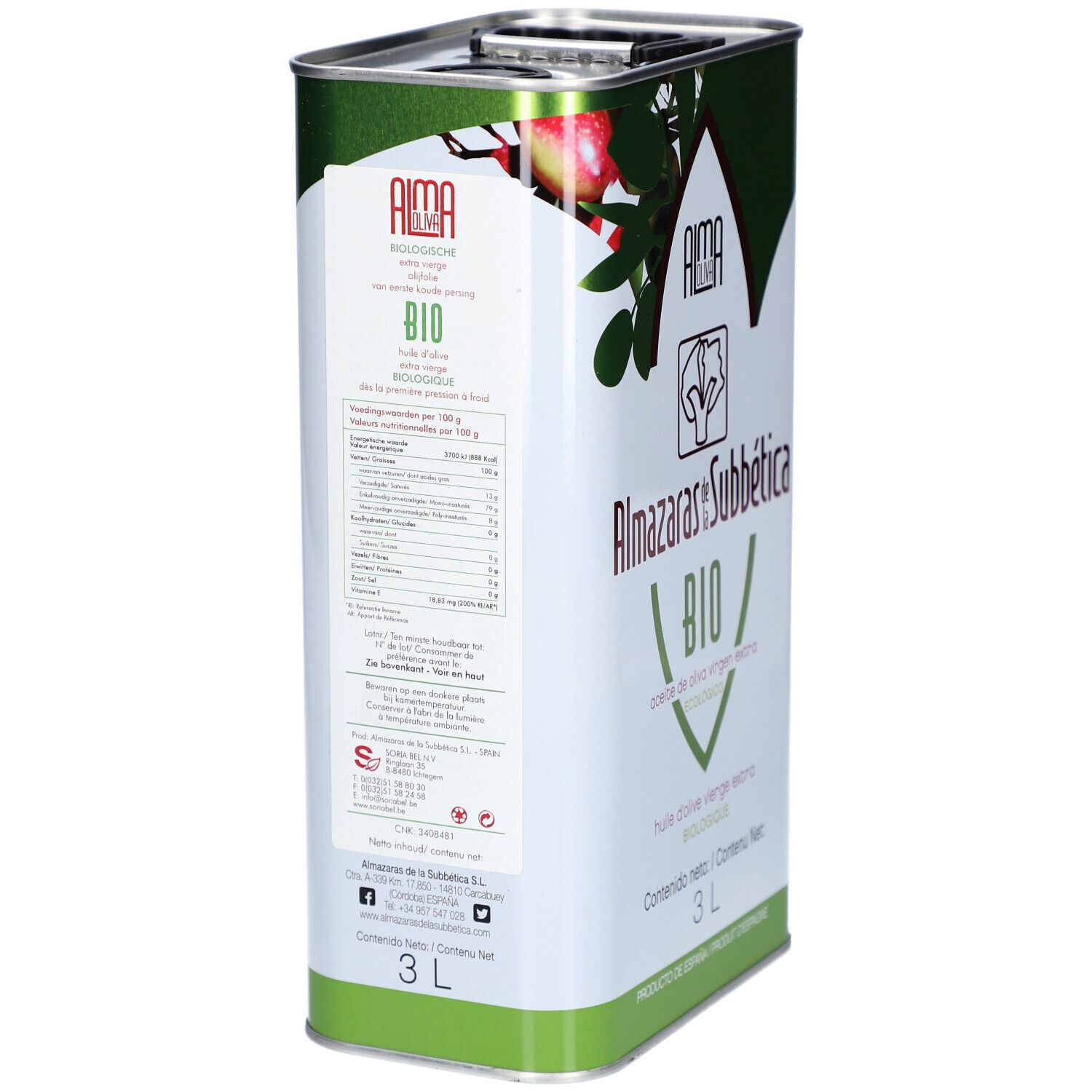 Rechthoekige metalen kan. Zijaanzicht met voedingswaarde. Opschrift: Almaoliva Bio, 3L. Groen en rood design.