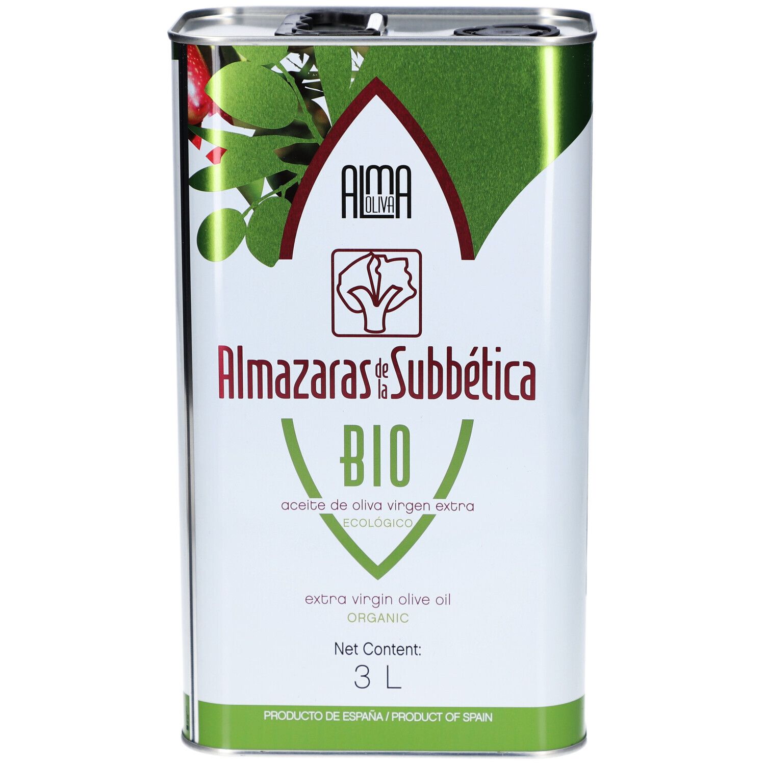 Rechthoekige metalen kan. Opschrift: Almaoliva Bio, Almazaras de la Subbética, 3L. Groen en rood design.