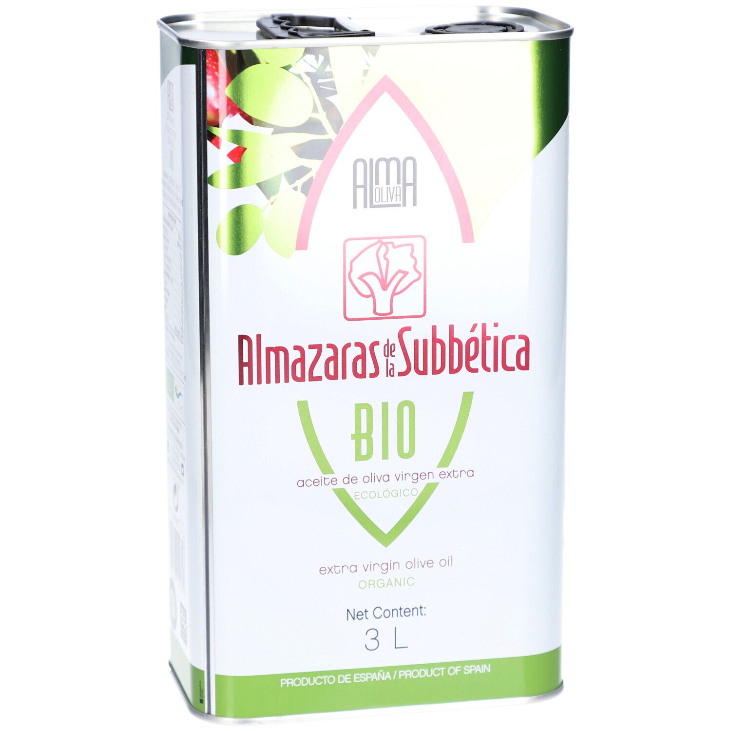 Rechthoekige metalen kan. Opschrift: Almaoliva Bio, Almazaras de la Subbética, 3L. Groen en rood design.