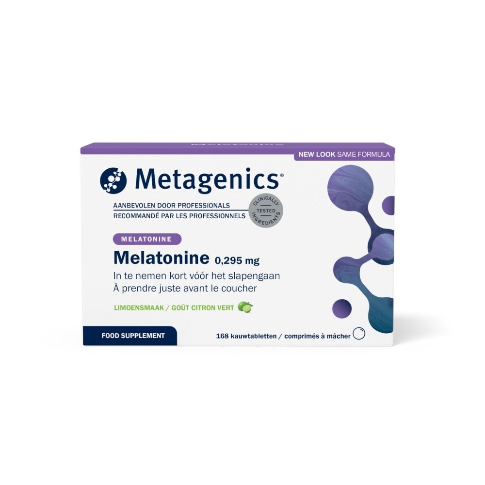 Boîte de Melatonine 0,295 mg. 168 comprimés à mâcher, goût citron vert. Marque Metagenics.