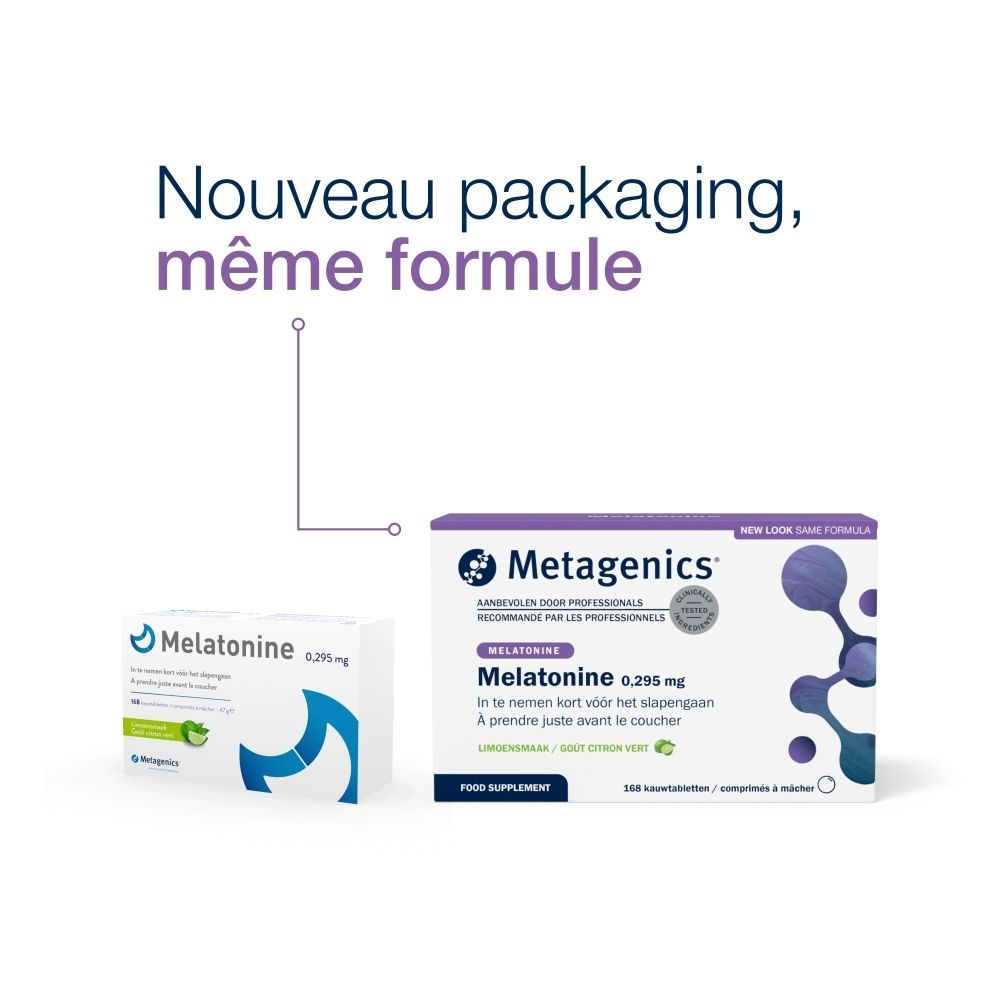 Boîte de Melatonine 0,295 mg. 168 comprimés à mâcher, goût citron vert. Marque Metagenics.