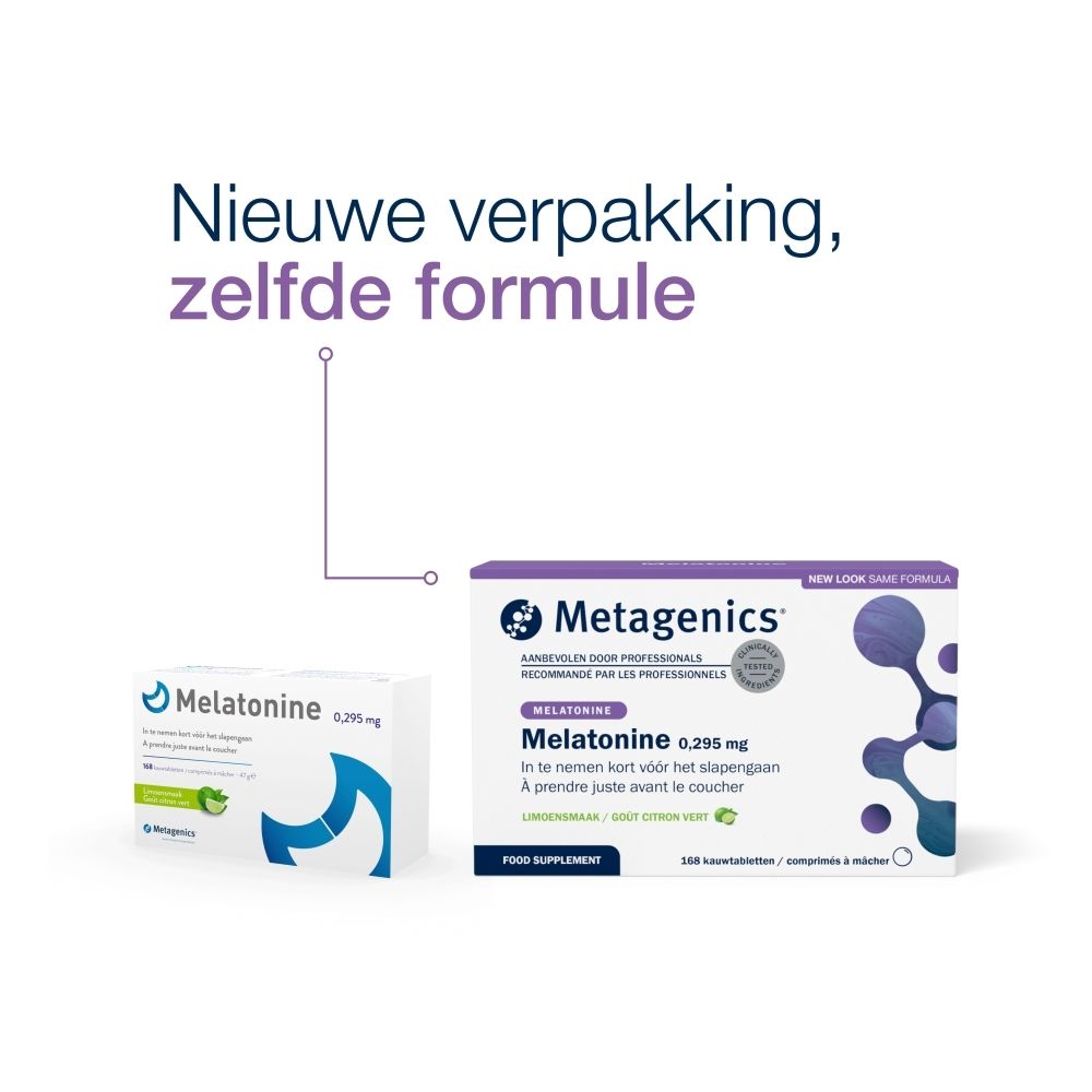 Doos Melatonine 0,295 mg. 168 kauwtabletten met limoensmaak. Merk Metagenics.