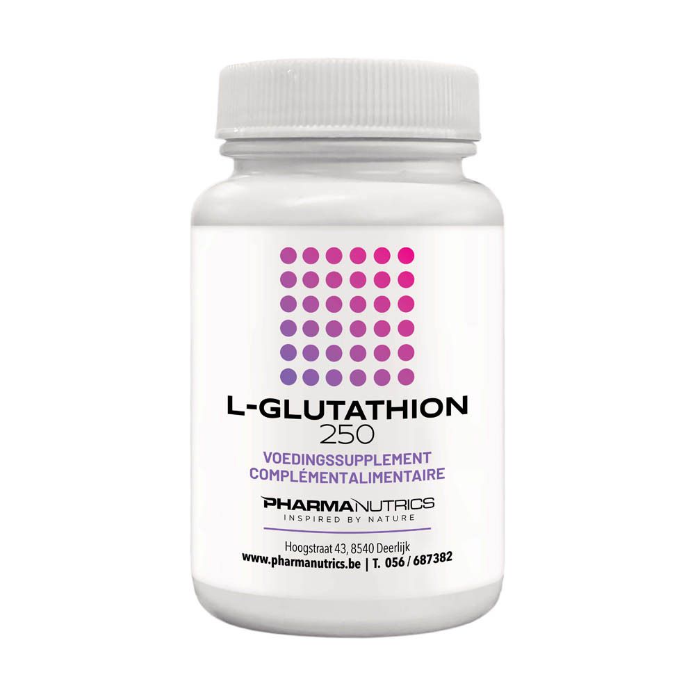 Witte fles met capsules. Opschrift: L-Glutathion 250, Voedingssupplement, PHARMA NUTRICS.