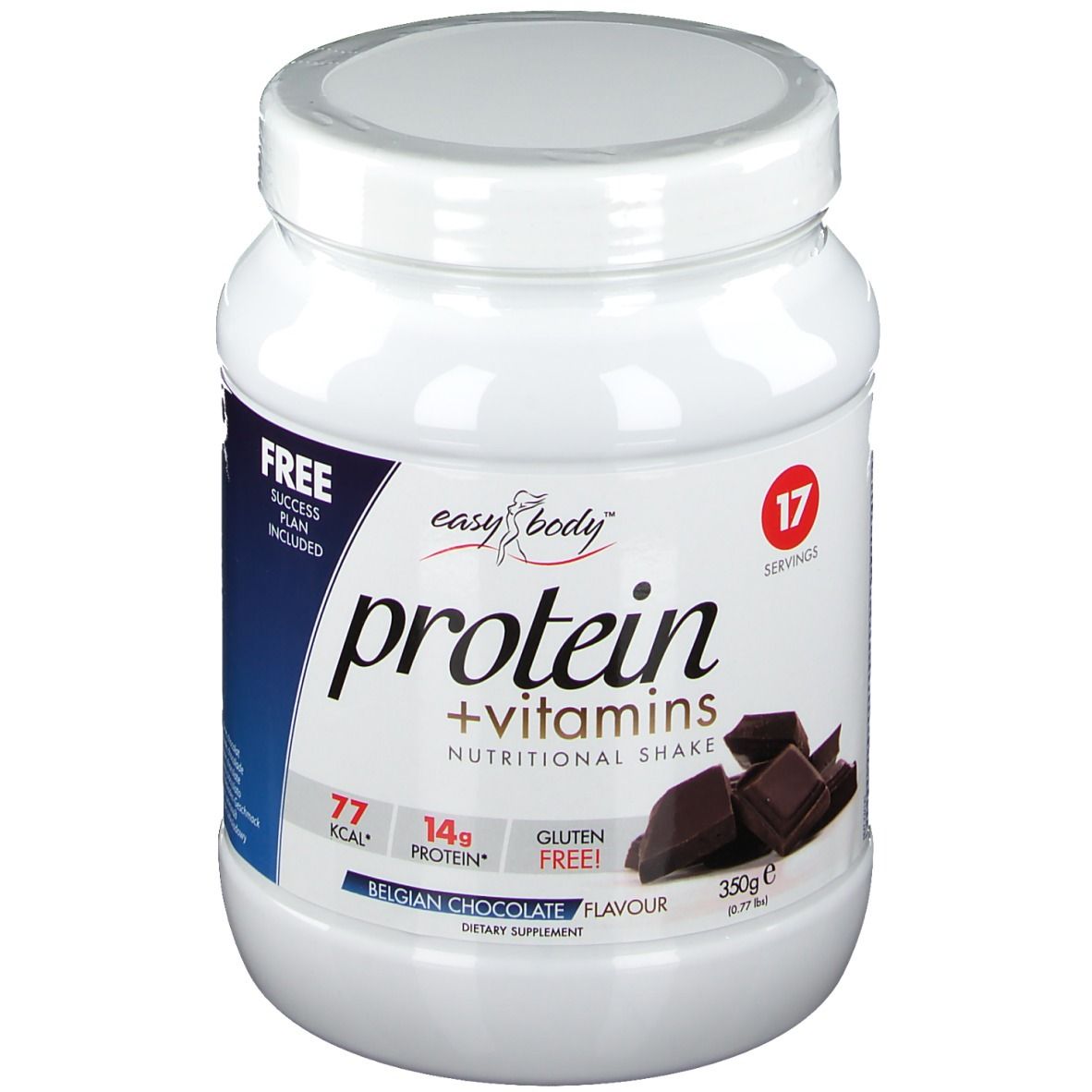 Witte pot met deksel. Opschrift: Eiwit + vitaminen, 17 porties, 77 kcal, 14g eiwit, glutenvrij. Belgische chocolade.