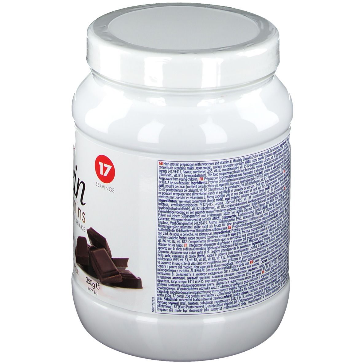 Witte pot met deksel. Achterkant met tekst in meerdere talen. Afbeelding van stukjes chocolade. 17 porties.