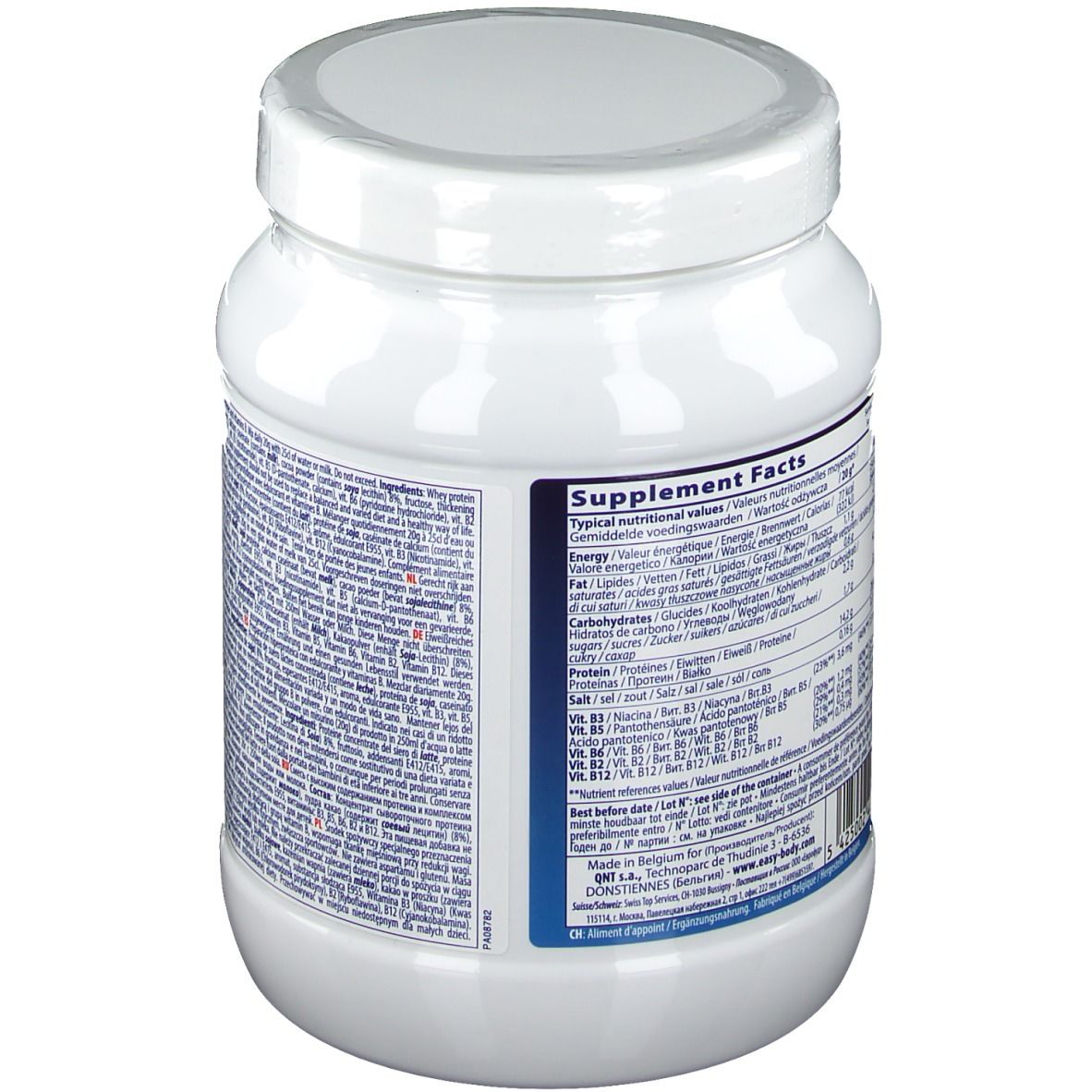 Witte pot met deksel. Achterkant met voedingsinformatie in meerdere talen. Tekst: Supplement Facts.