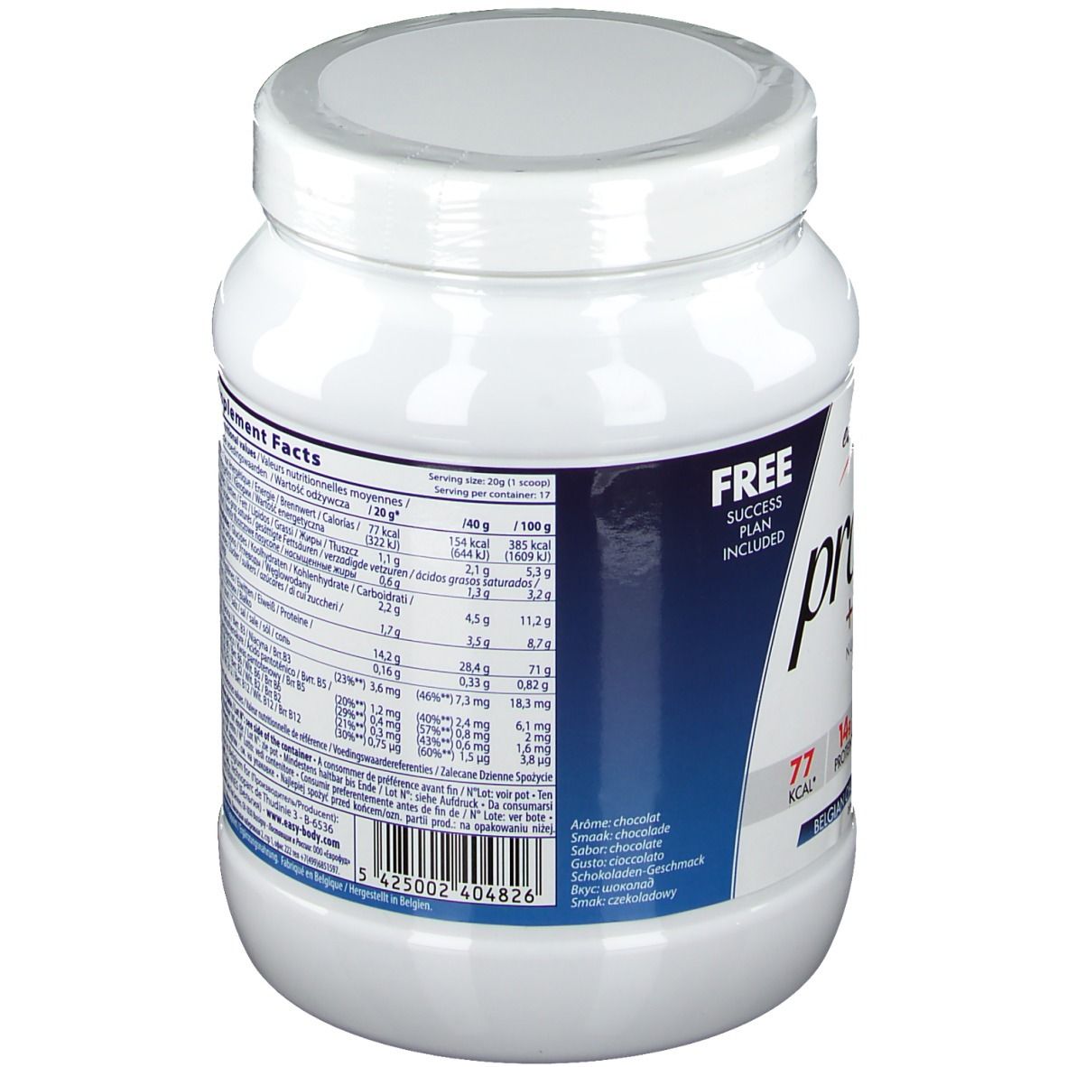 Witte pot met deksel. Achterkant met voedingsinformatie en tekst in meerdere talen. Tekst: Supplement Facts.