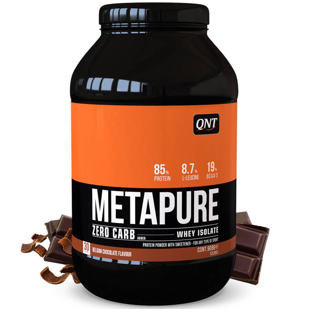 Zwarte pot met oranje etiket. Opschrift: METAPURE Zero Carb, Whey Isolate. Stukjes chocolade ernaast.
