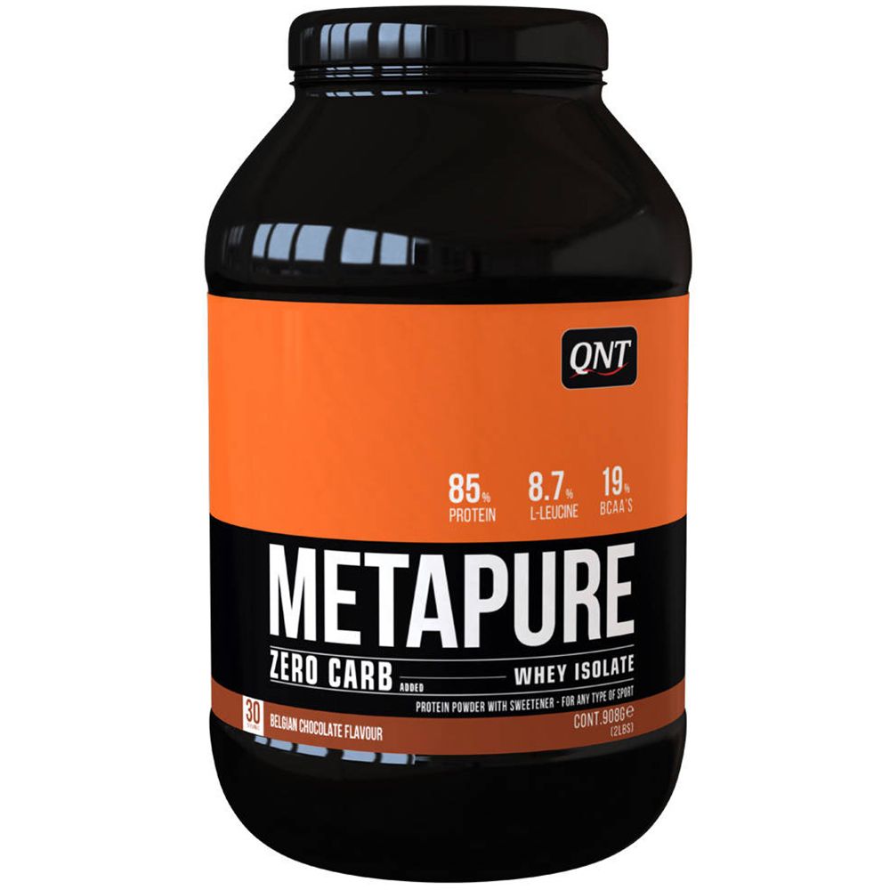 Zwarte pot met oranje etiket. Opschrift: METAPURE Zero Carb, Whey Isolate. Belgische chocoladesmaak.