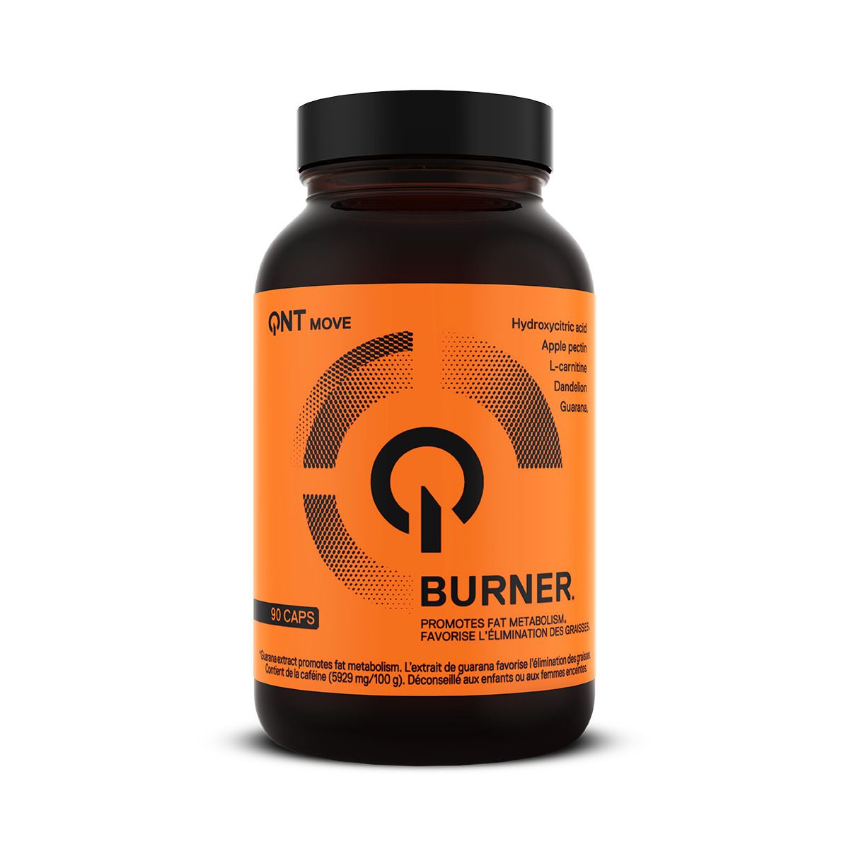 Bruine fles met zwarte dop. Etiket met QNT MOVE BURNER, 90 capsules.