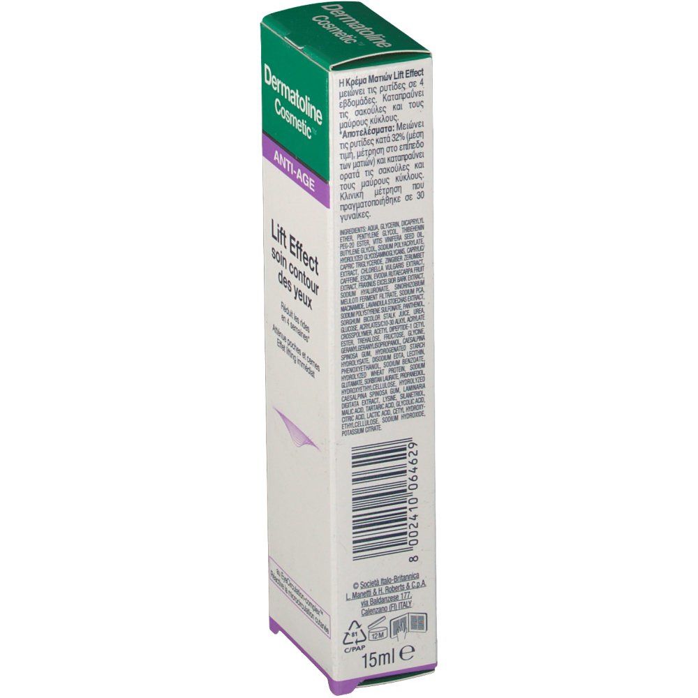 Verpakking Dermatoline Cosmetic. Tekst: Lift Effect Soin Contour des Yeux. Anti-Age. 15ml. Groen-witte doos met tekst.