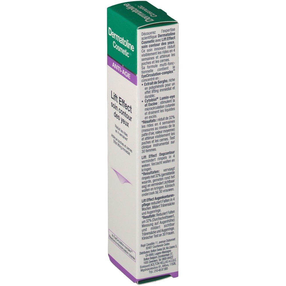Verpakking Dermatoline Cosmetic. Tekst: Lift Effect Soin Contour des Yeux. Anti-Age. Vermindert rimpels in 4 weken. Wit-groene doos.