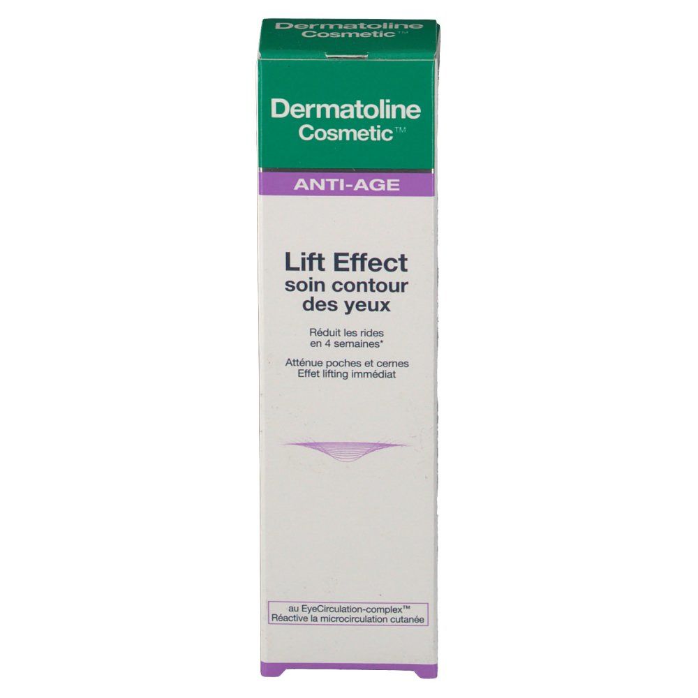 Verpakking Dermatoline Cosmetic. Tekst: Lift Effect Soin Contour des Yeux. Anti-Age. Vermindert rimpels in 4 weken. Wit-groene doos.