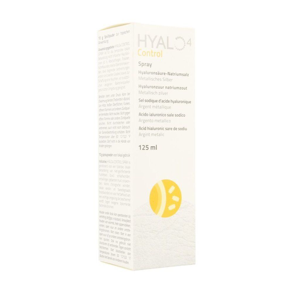 Emballage de Hyalo 4 Control Spray. Boîte blanc-jaune avec nom du produit et informations. 125 ml.