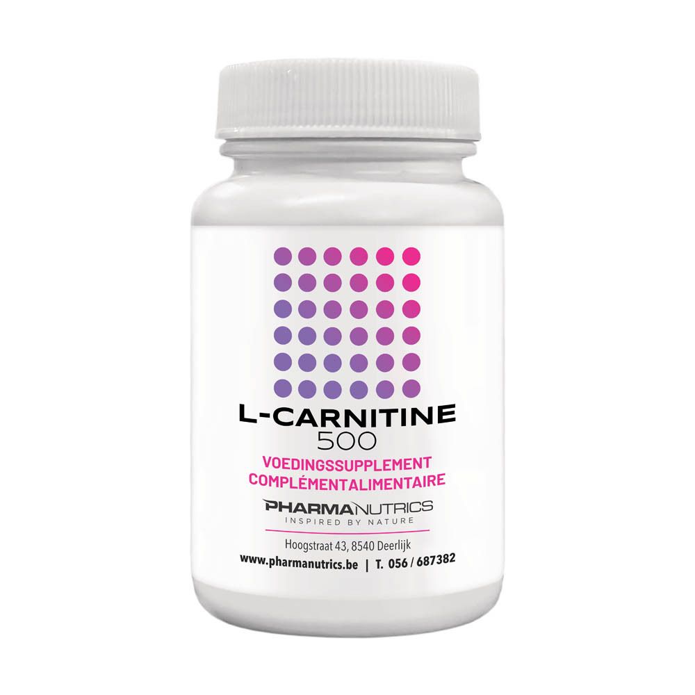 Witte fles L-Carnitine 500. Paars-roze stippen. Tekst: Pharmanutrics, Voedingssupplement, Complement alimentaire.