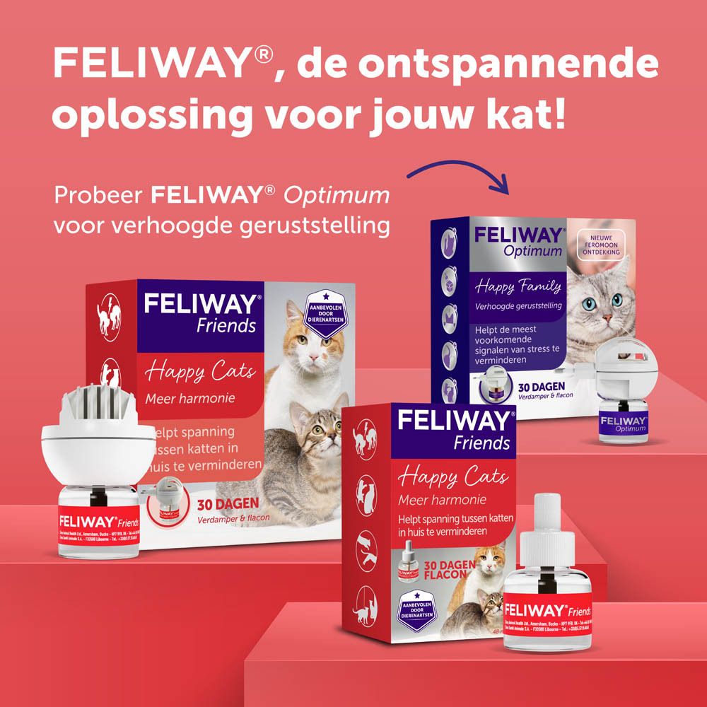 Product afbeelding. Tekst: FELIWAY, de ontspannende oplossing voor jouw kat!