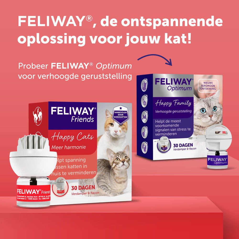 FELIWAY producten. Rode achtergrond. Tekst: FELIWAY, de ontspannende oplossing voor jouw kat!