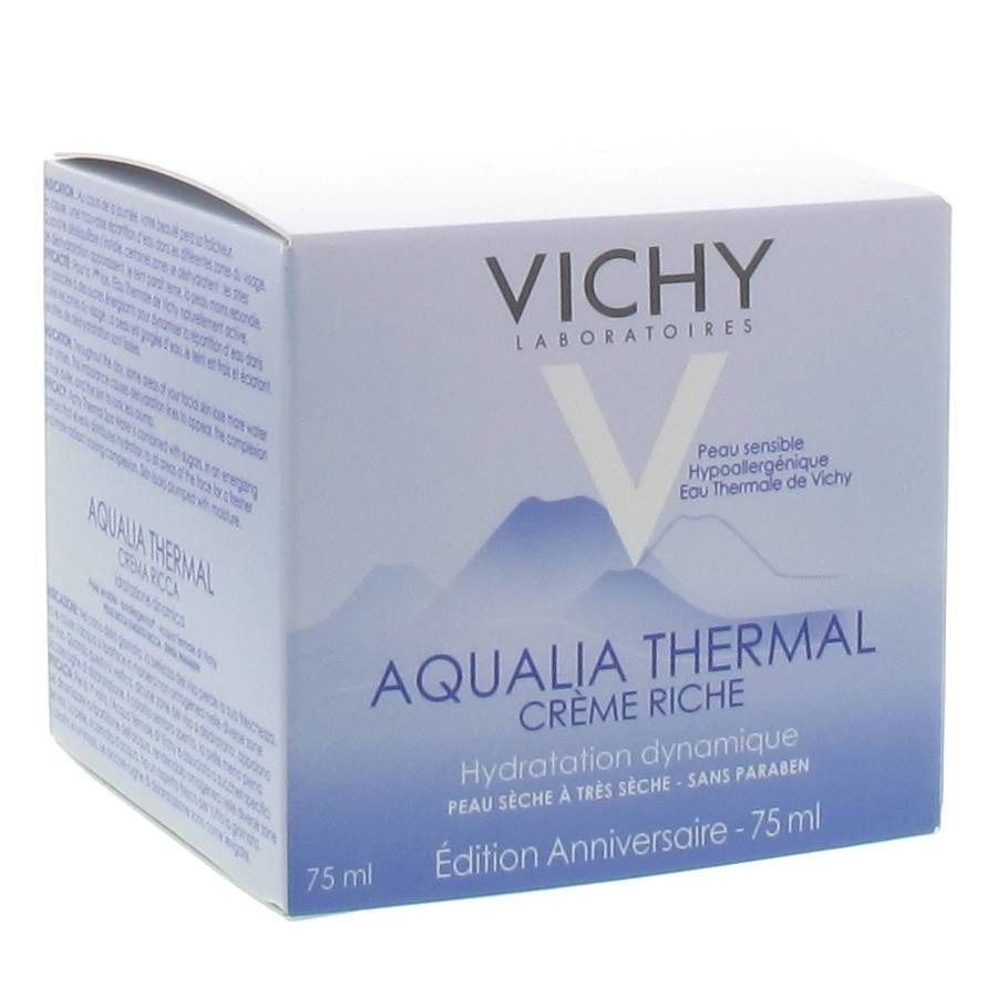 Boîte blanche et bleue avec texte. Inscription: VICHY, AQUALIA THERMAL CRÈME RICHE, Hydratation dynamique. Edition Anniversaire - 75 ml.