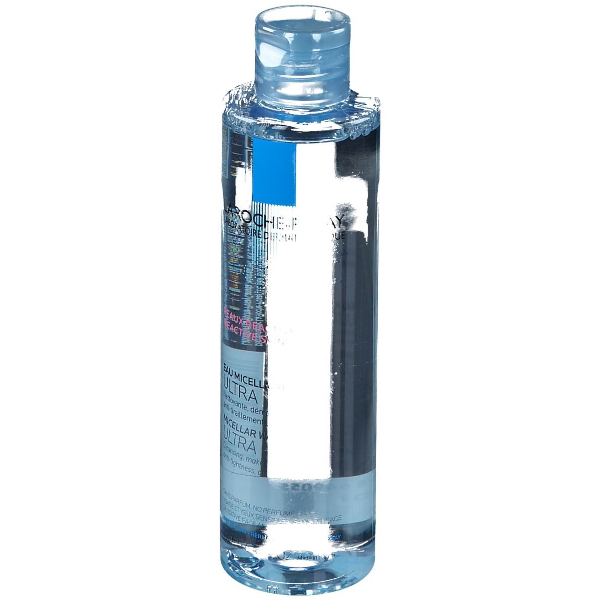 La Roche-Posay Mizellen Reinigungsfluid Reaktiv. Flacon bleu avec bouchon bleu. Vue du produit.