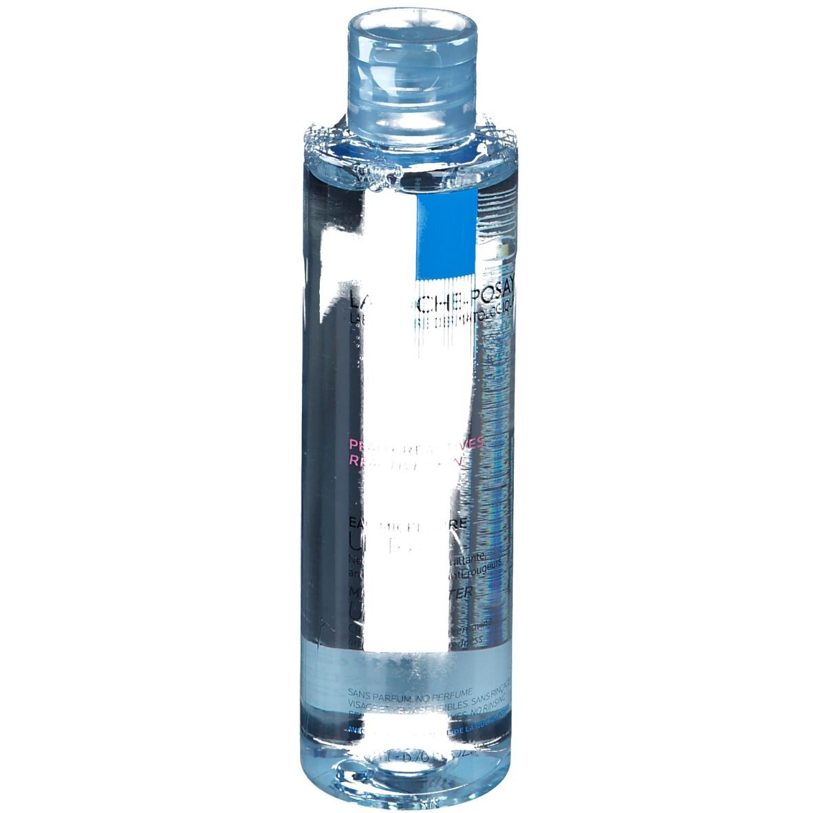 La Roche-Posay Mizellen Reinigungsfluid Reaktiv. Flacon bleu avec bouchon bleu. Vue du produit.