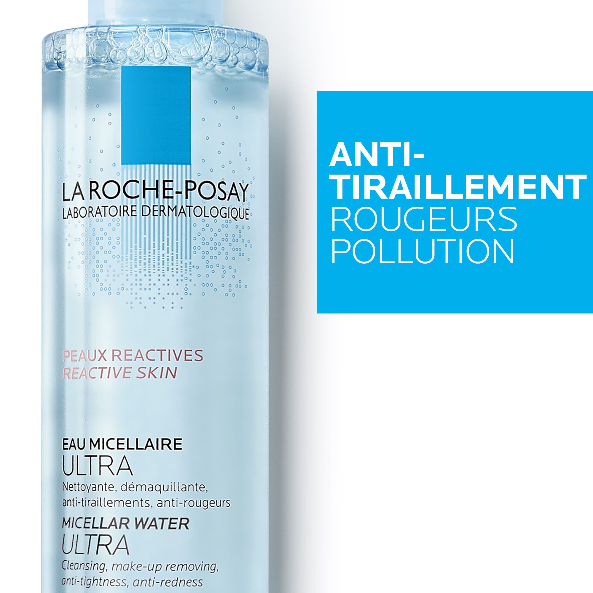 La Roche-Posay Mizellen Reinigungsfluid Reaktiv. Gros plan. Texte: Anti-tiraillements, anti-rougeurs, pollution. Flacon bleu.
