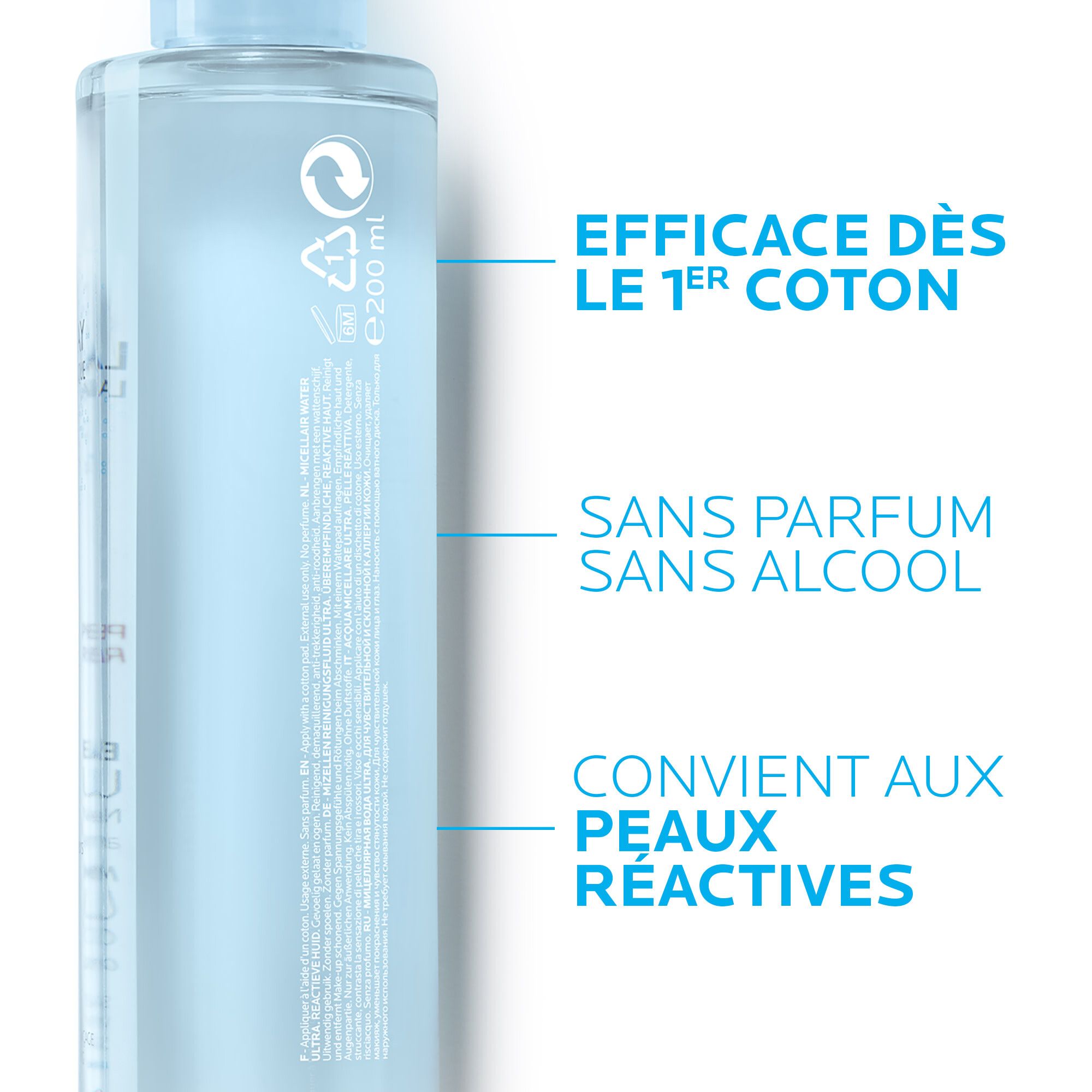 La Roche-Posay Mizellen Reinigungsfluid Reaktiv. Texte: Efficace dès le 1er coton, sans parfum, sans alcool, convient aux peaux réactives.