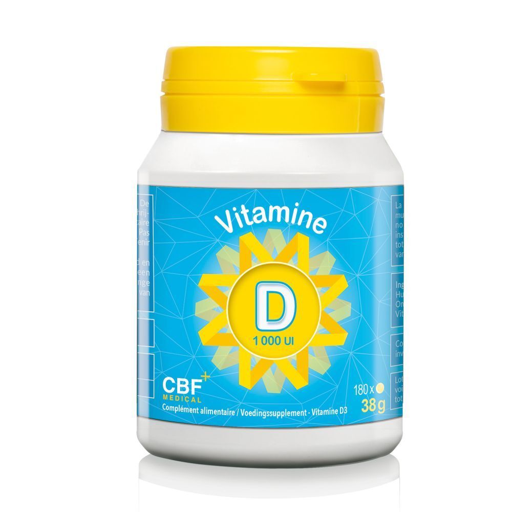 Witte fles met gele dop. Opschrift: Vitamine D 1000 UI. CBF MEDICAL.