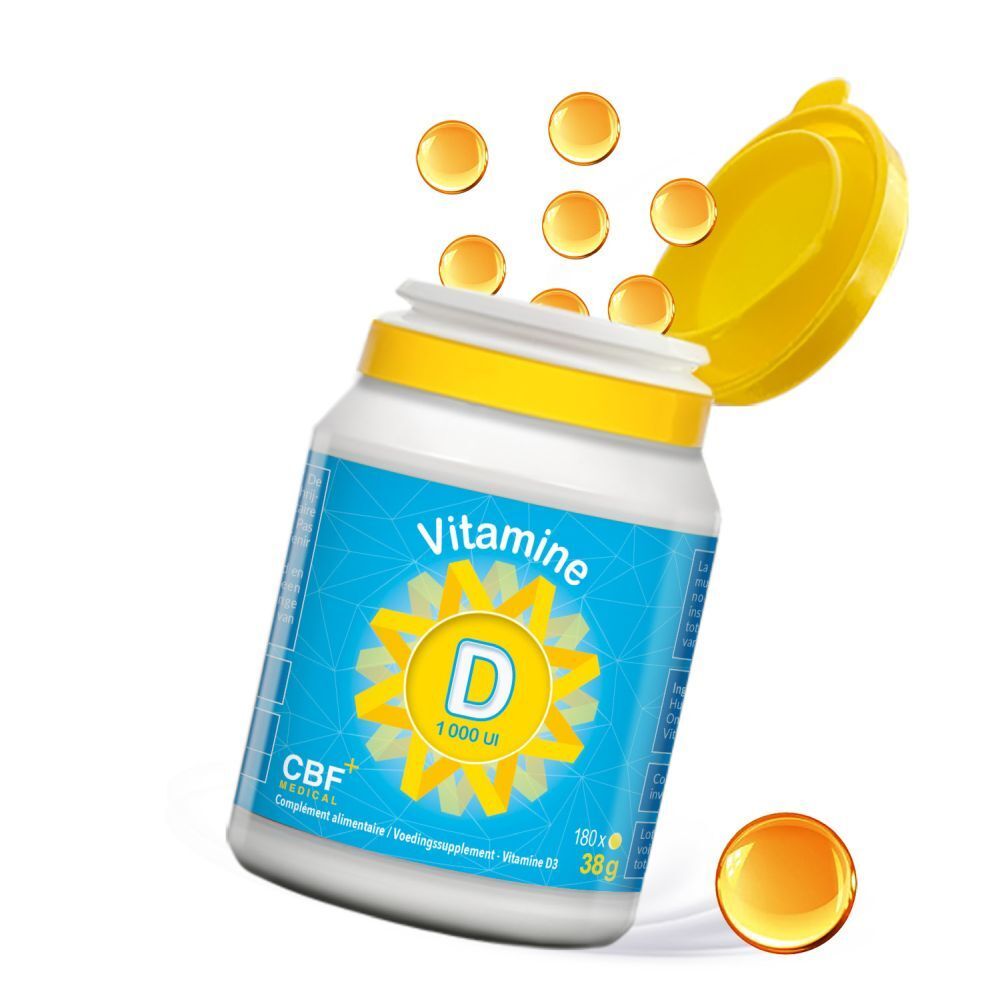 Witte fles met gele dop. Opschrift: Vitamine D 1000 UI. CBF MEDICAL.