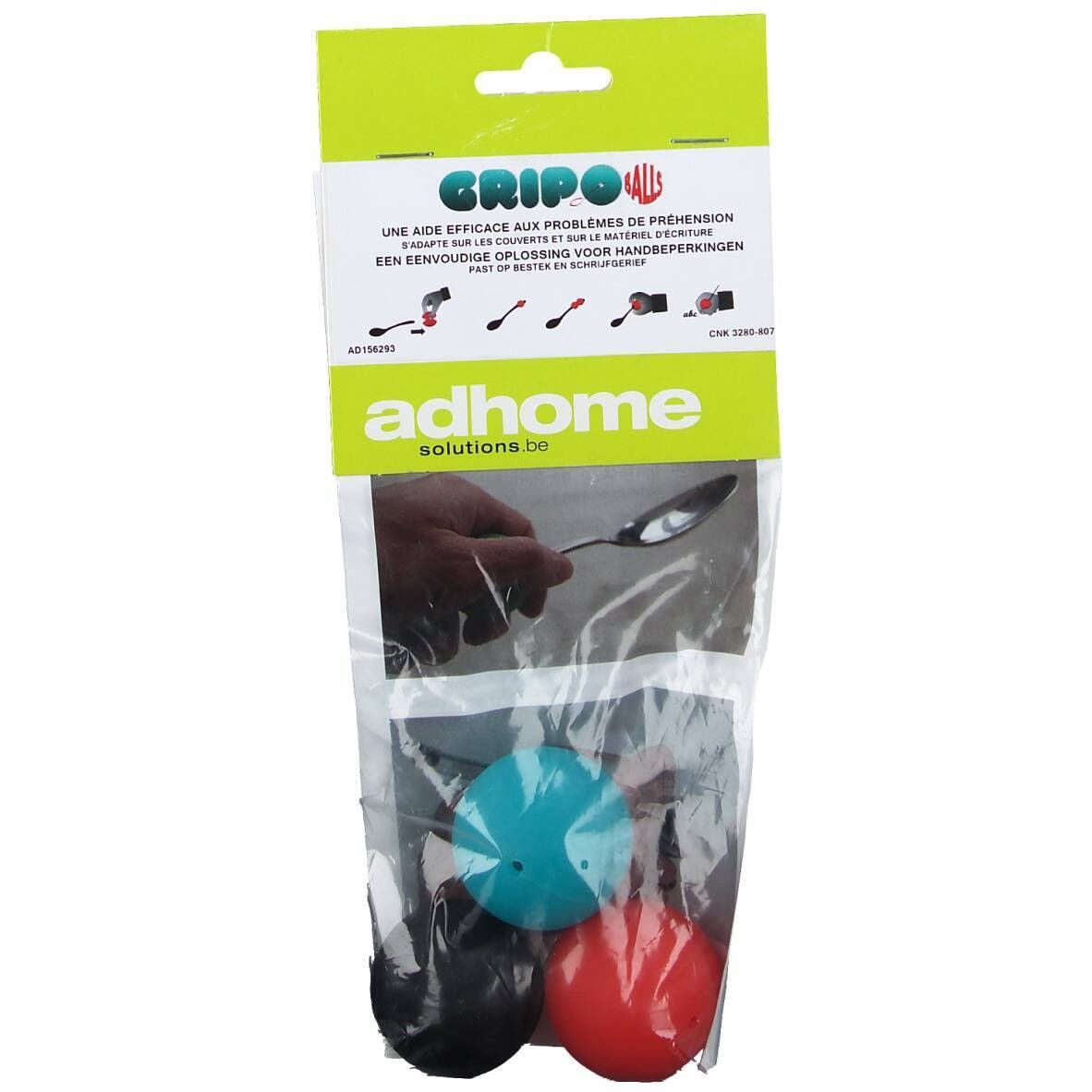 Emballage de trois boules de préhension colorées. L'emballage montre une main tenant une cuillère. Texte: Gripo, adhome solutions.be.