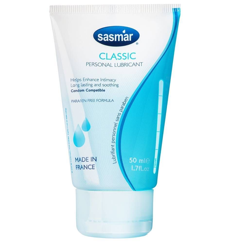 Tube "Sasmar Classic Personal Lubricant". Blauw-wit ontwerp. Bevat 50 ml. Gemaakt in Frankrijk.