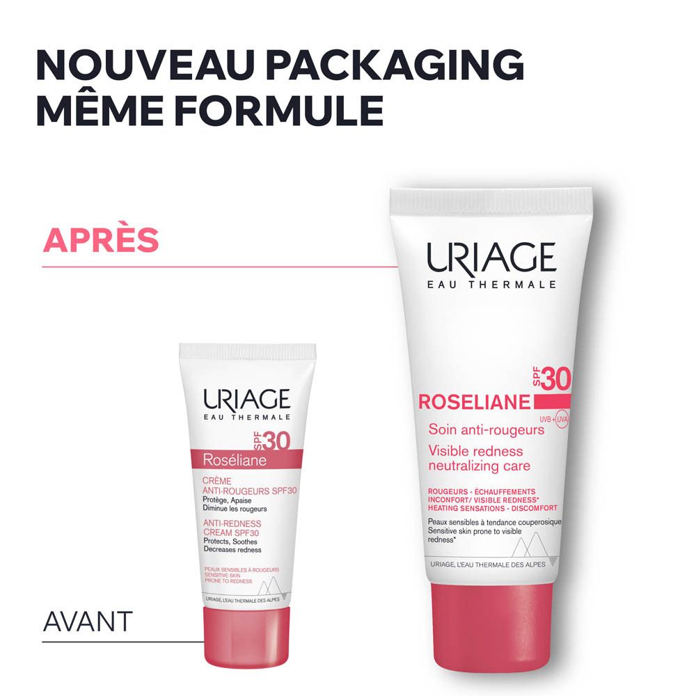Tube de crème Uriage Roséliane. Texte et diagramme. -92% de rougeurs. Protection UVA/UVB.