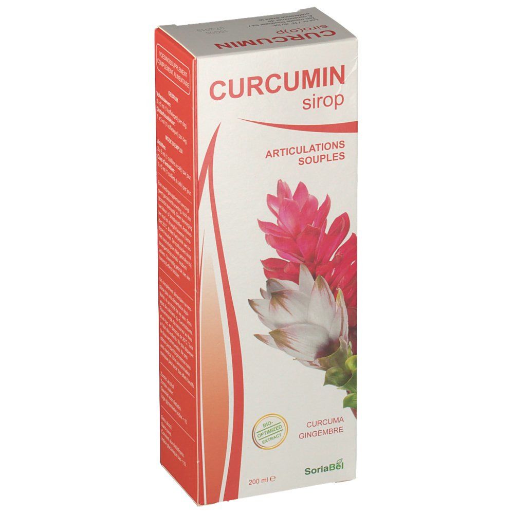 Verpakking met Curcumin siroop. Opschrift: CURCUMIN siroop, Articulations souples. Afbeelding van een bloem. 200 ml.