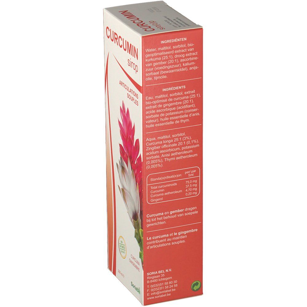 Verpakking met Curcumin siroop. Opschrift: CURCUMIN siroop. Ingrediëntenlijst en voedingswaarde. Afbeelding van een bloem.