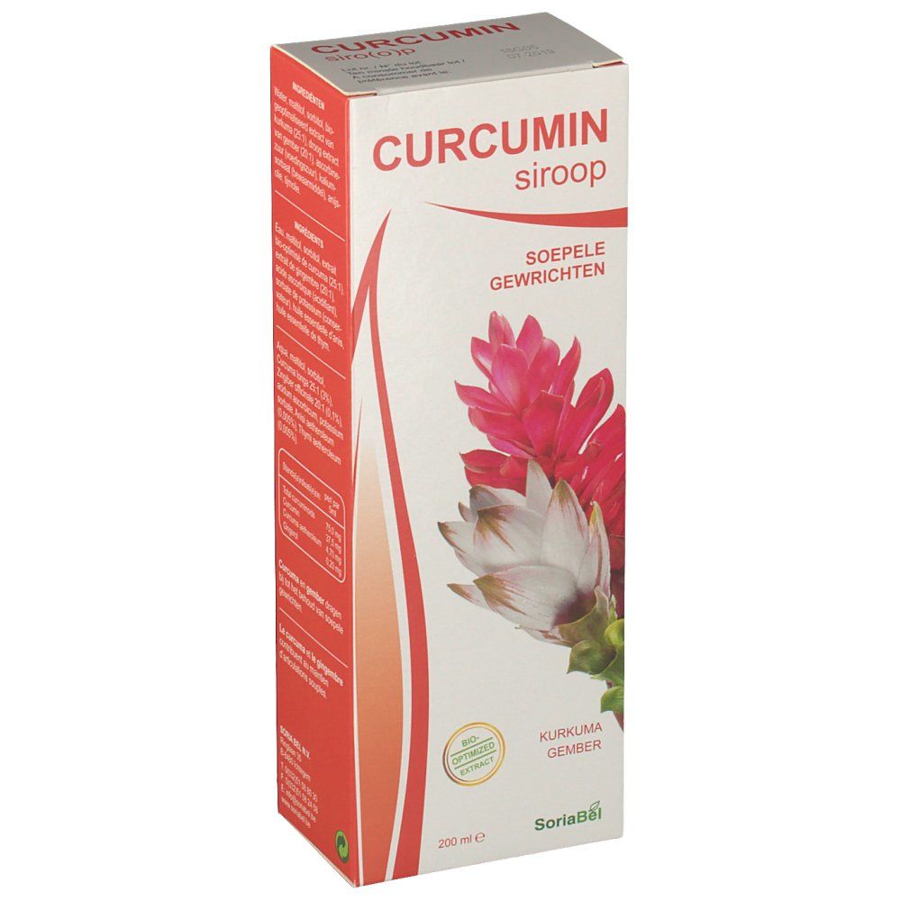 Verpakking met Curcumin siroop. Opschrift: CURCUMIN siroop, Soepele gewrichten. Afbeelding van een bloem.